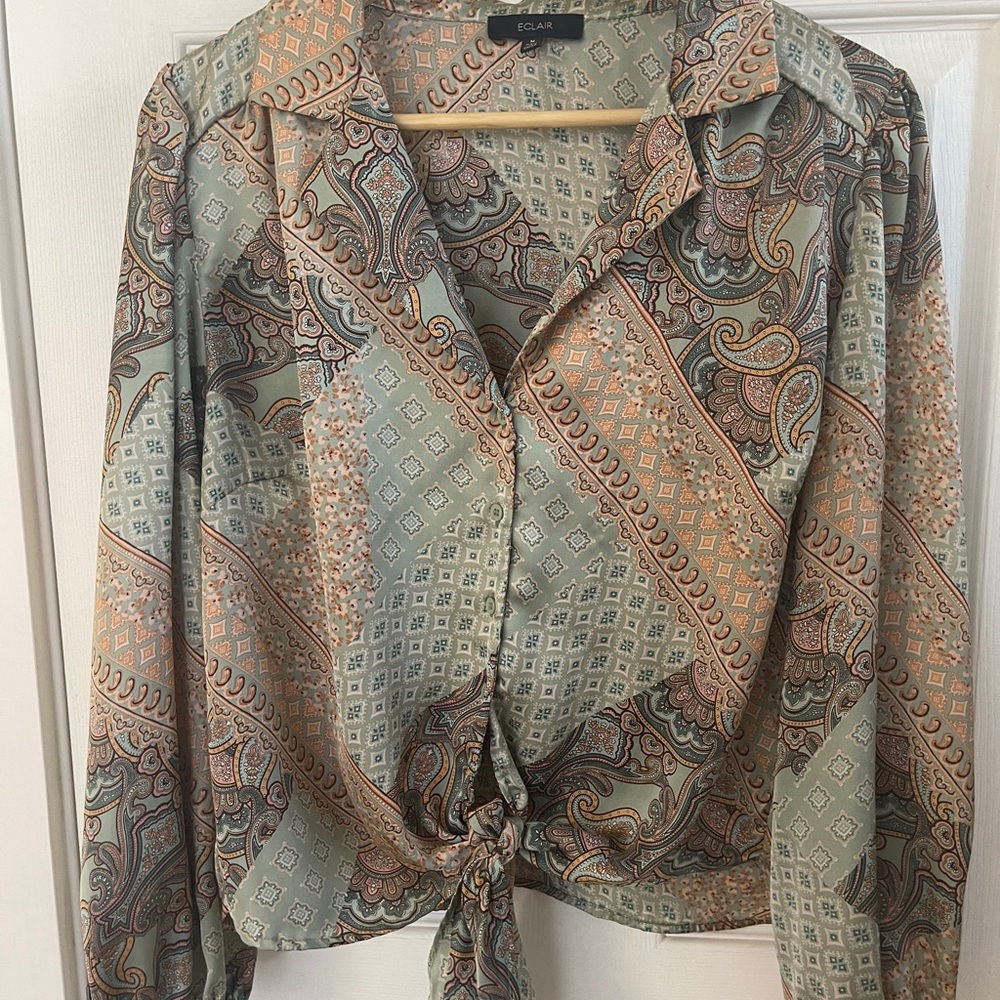 Green and Tan Relaxed Tie Front Blouse with Notched Collar